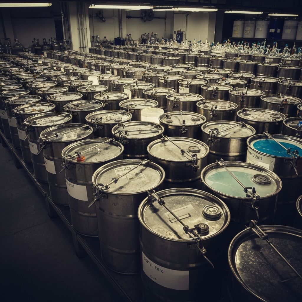 Hazardous waste drums with corrosive warning labels